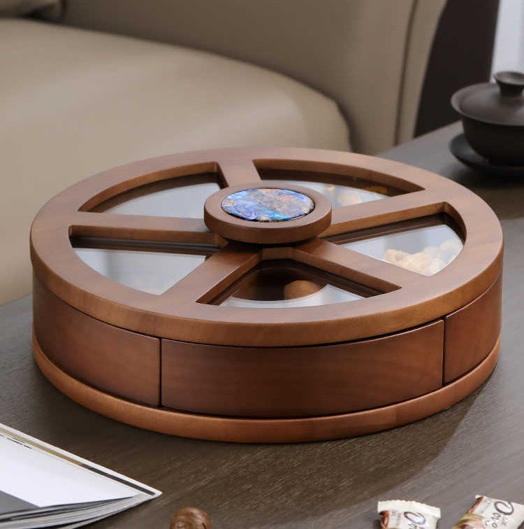 Premium Wooden Rotating Compartment Snack Tray with Glass Dividers, Luxury Dry Fruit & Nut Serving Bowl