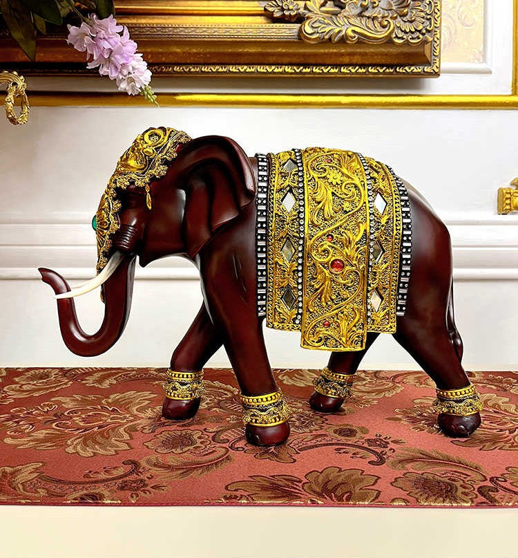Luxury Handcrafted Elephant Pair Figurines, Villa & Entryway Statement Decor, Chestnut Brown with Ornate Golden Details