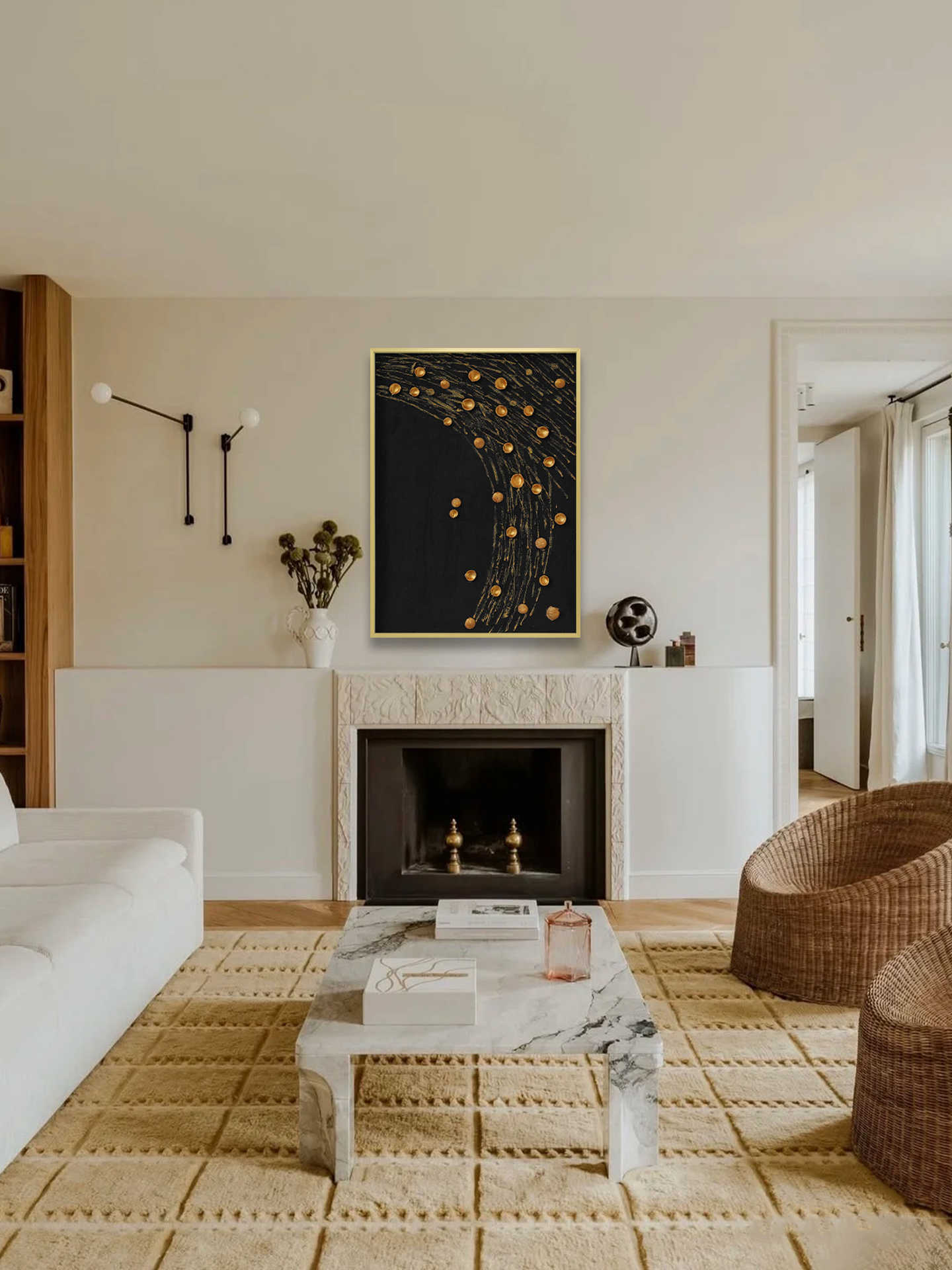 Original Gold Shell Abstract Wall Art, Luxury Handmade 3D Painting for Entryway, Living Room & Modern Decor