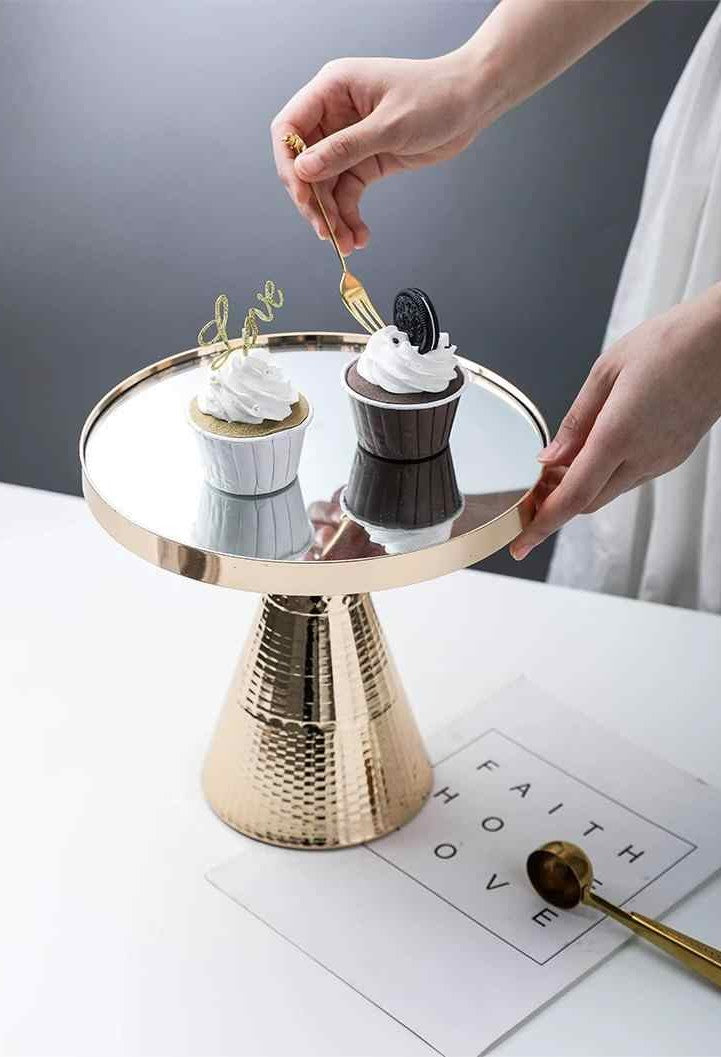 Luxury Multifunction Tall Serving Tray Set, Gold-Plated Dessert Stand & Cosmetic Organizer, Mirror-Finish Decorative Display Tray Small + Large