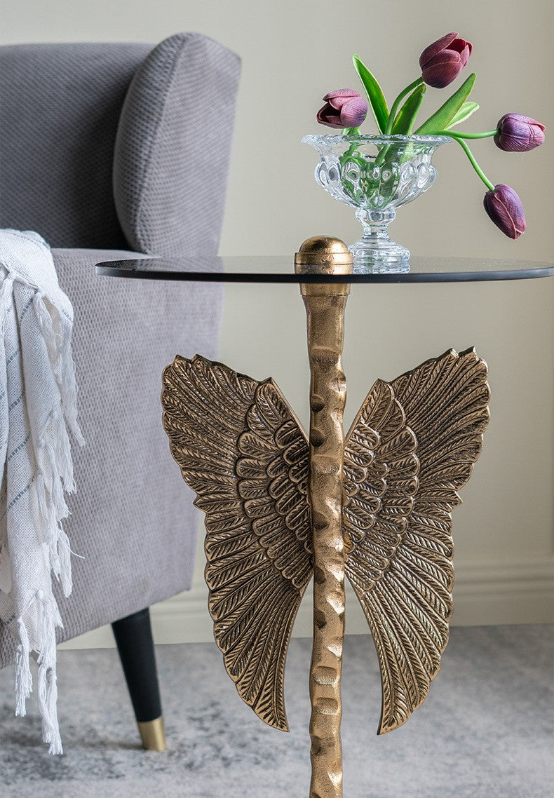 Luxury Fairy Wing Side Table, Modern Gold Angel Accent Coffee End Table with Glass Top, Living Room/Bedroom/Nightstand Furniture