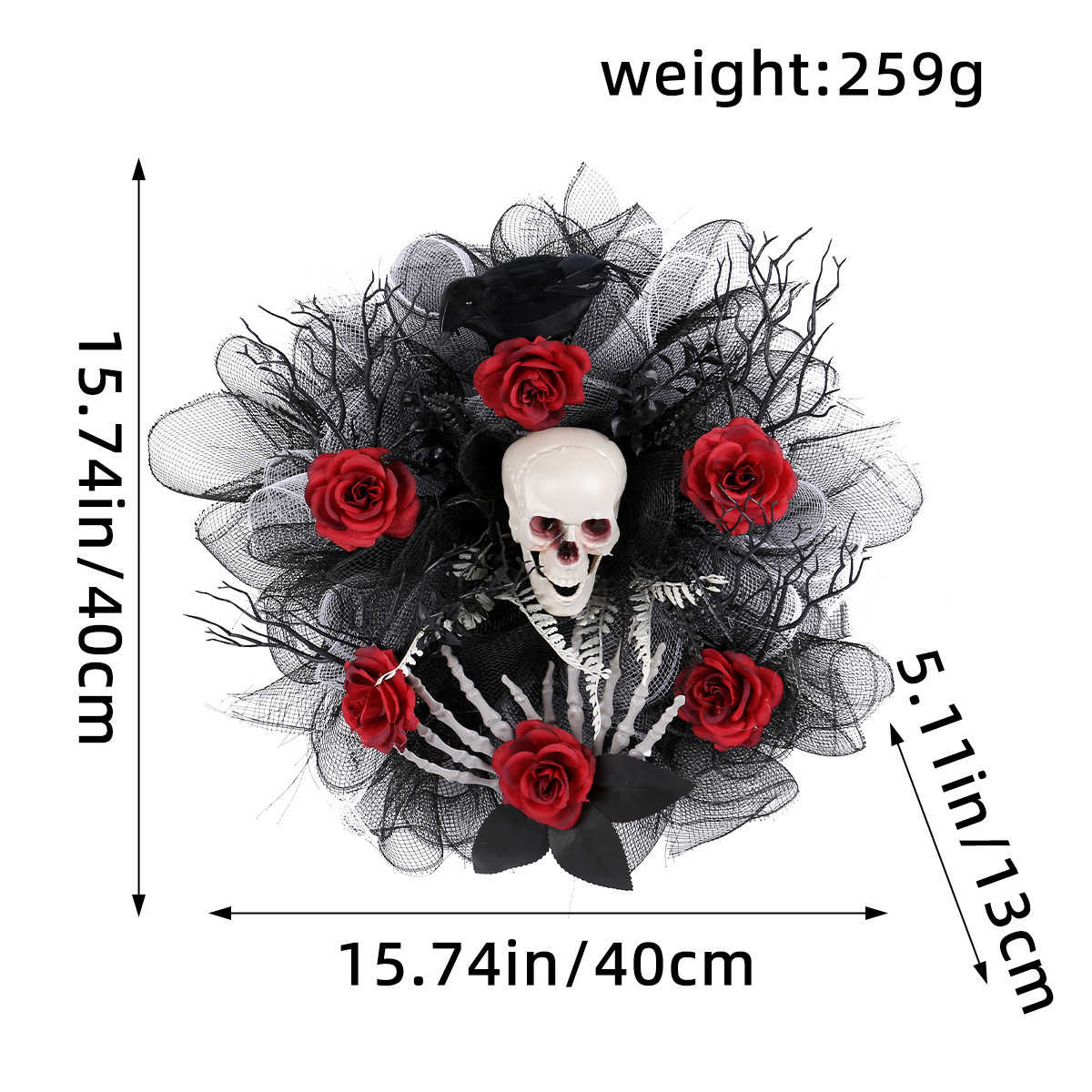 Spooky Halloween Skull Wreath with Red Roses – Creepy Skeleton Door Decoration for Haunted House, Bar, Escape Room, Horror Scene Props