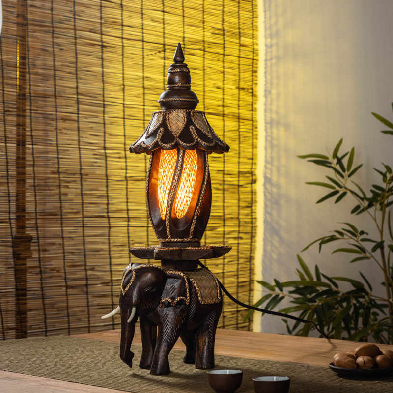 Southeast Asian Handcrafted Wooden Elephant Table Lamp, Vintage Zen Bedside & Accent Light for Living Room, Tea Room, Study