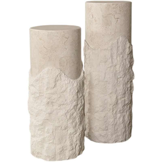 Designer Stone Texture Cylindrical Plant Stand Set, Wabi-Sabi Minimalist Floor Planters, Instagram-Worthy Textured Columns for Living Room Décor, Cream White 760mm & 900mm