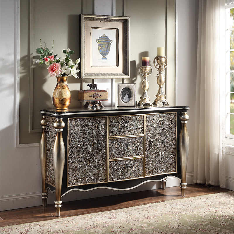 European Luxury Embossed Metal Console Cabinet with Ornate Relief Panels, Solid Wood Entryway Storage Sideboard with Curved Legs, Villa-Style Dining Room Bar Cabinet