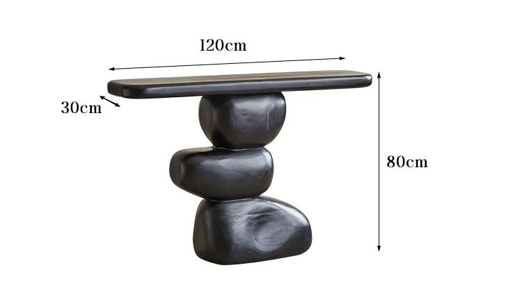 Wabi-Sabi Carbonized Black Solid Wood Entryway Console Table, Artistic Stacked Stone Sculptural Accent Table for Hallway, Foyer, Modern Boutique Hotel
