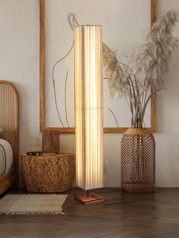 Minimalist Floor Lamp, Large Square Walnut and Linen LED Standing Light, Modern Zen Adjustable Lighting for Living Room, Bedroom, Study