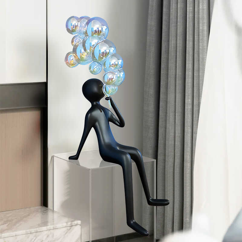 Modern Cartoon Bubble-Blowing Figurine Sculpture, Large Fiberglass Decorative Art for TV Cabinet, Living Room & Housewarming Gift