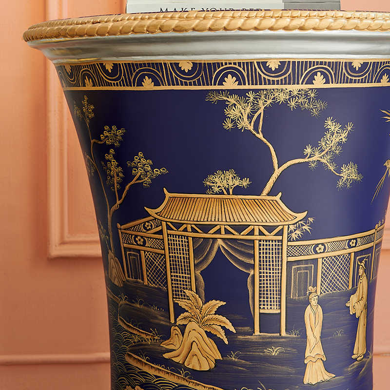 Blue Hand-Painted Round Side Table, Villa Beauty Salon Balcony Tea Table, Conversation Table