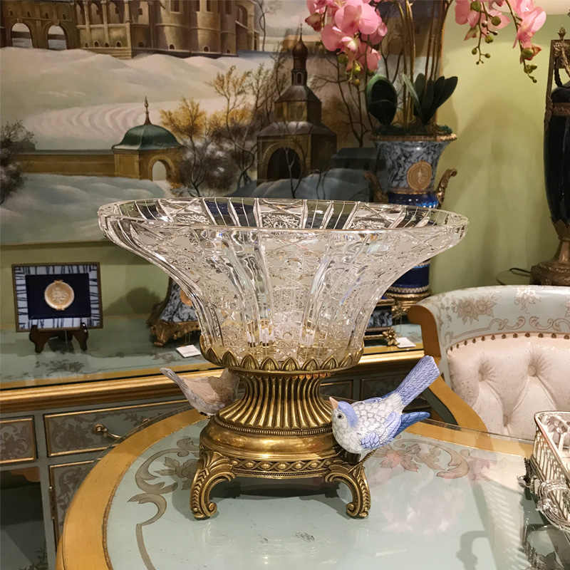 Luxury French Brass Ceramic Bird Czech Crystal Pedestal Fruit Bowl, Ornate Wide-Mouth Decorative Centerpiece with Bird Figurine