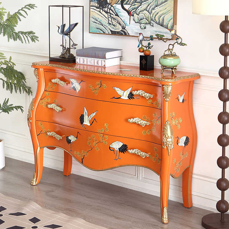 French Chinoiserie Orange Lacquered Console with Hand-Painted Flying Cranes, Traditional Bombé Entry Cabinet
