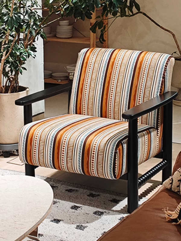 Vintage Solid Wood Armchair – Retro Striped Single Lounge Chair for Living Room, Balcony, Studio, or Hotel