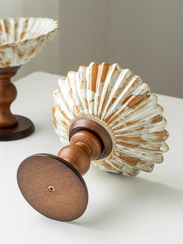 "Artistic Fruit Tray" – Wabi-Sabi Style Pedestal Dessert Stand, Carved Floral Bowl with Wood Base for Snacks, Desserts, Coffee Table Display