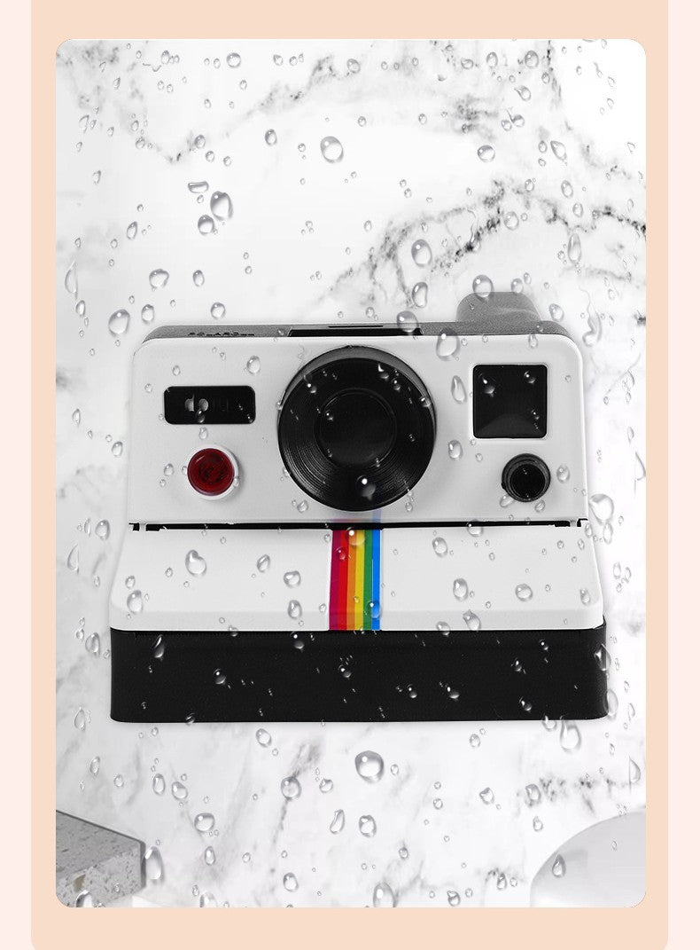 Vintage Polaroid Camera Design Toilet Paper Holder, Wall-Mounted Bathroom Tissue Dispenser with Rainbow Stripe Detail, No-Drill Installation
