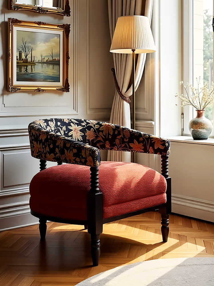 Vintage Solid Wood Lounge Chair – Floral Accent Armchair for Small Living Room, Bedroom & Balcony, Retro Mid-Century Design