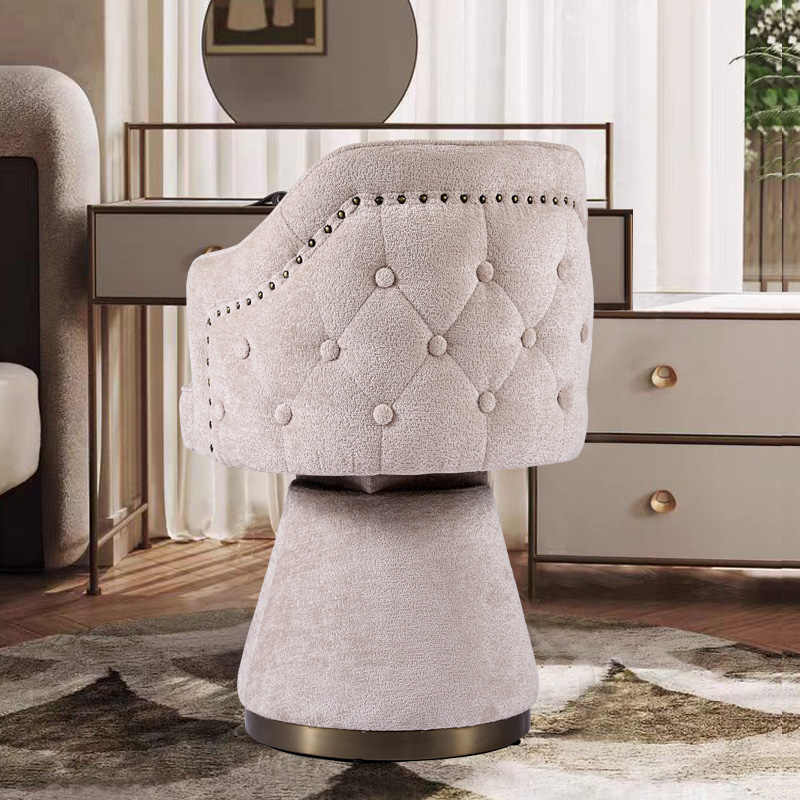 Luxury American Style Swivel Vanity Chair, Tufted Boucle Upholstered Makeup Chair with Brass Base, Designer Vintage Dressing Table Seat,