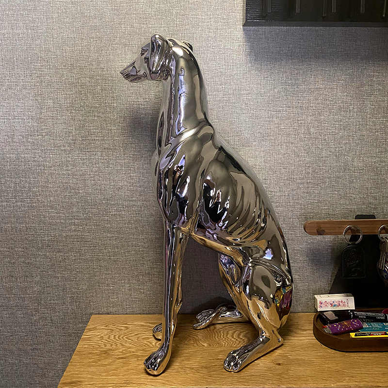 Greyhound Silver-Plated Dog Statue, Modern Villa Living Room Floor Décor, Whippet Sculpture