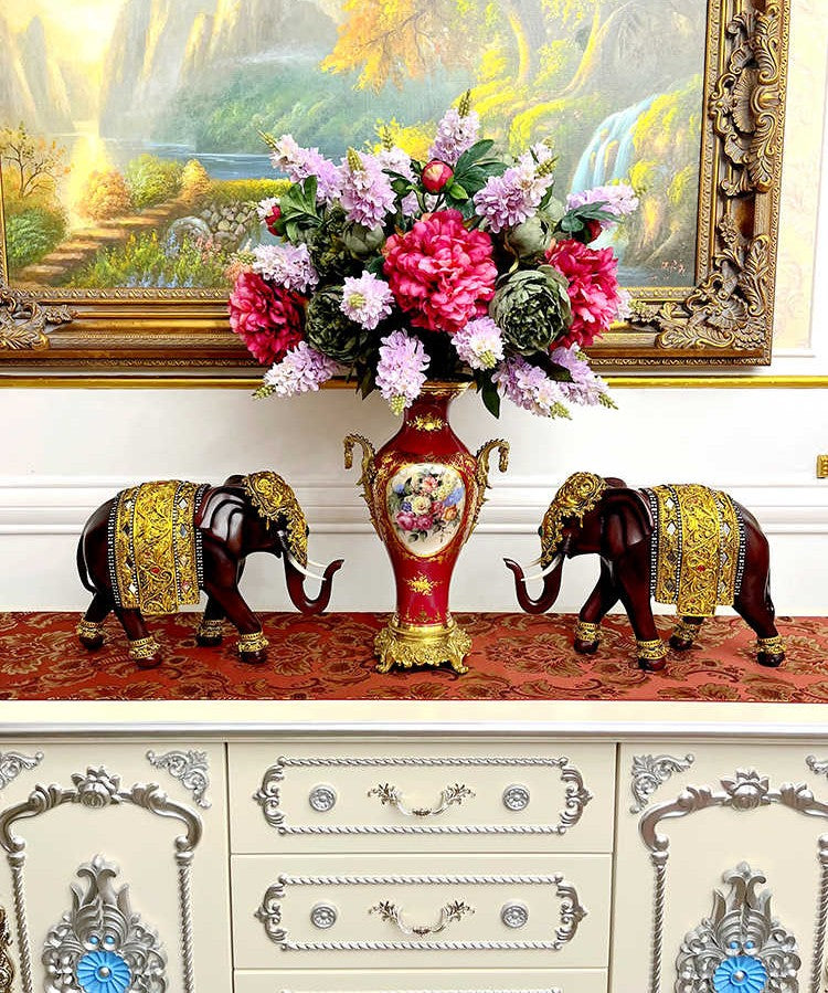 Luxury Handcrafted Elephant Pair Figurines, Villa & Entryway Statement Decor, Chestnut Brown with Ornate Golden Details