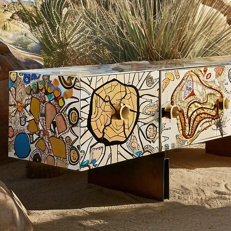 Designer Collab Pop Art Painted TV Stand, Artistic Storage Sideboard for Living Room, Bold Original Multi-Color Media Cabinet