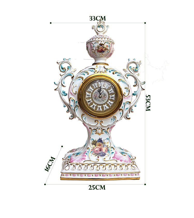 Palace Hand-Painted Porcelain & Bronze Mantel Clock, Luxury White 24-Inch Villa Fireplace Decorative Antique