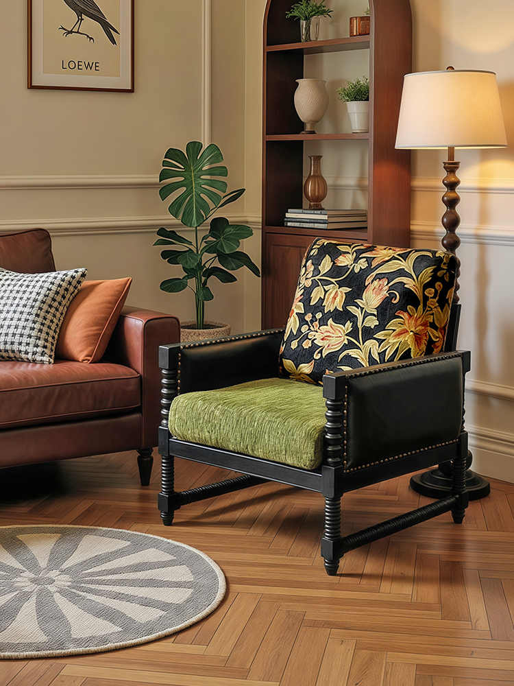 Vintage Solid Wood Leisure Chair – Jacquard Floral Designer Single Sofa, Living Room/Balcony/Small Apartment