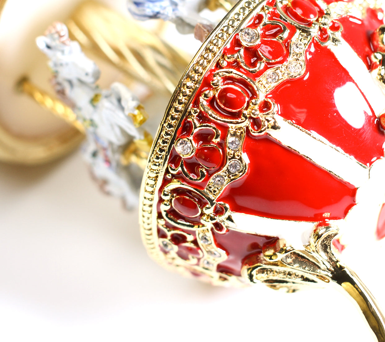 Fabergé Museum Quality Carousel Music Box with Sankyo Movement, Enamel Red & Gold Rotating Horses Musical Gift, Luxury Collectible
