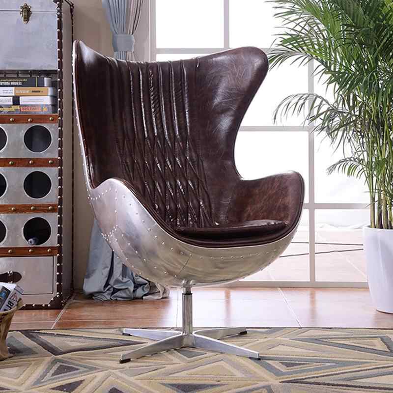 Classic Mid-Century Egg Chair with Aviation-Inspired Design – Premium Vintage Brown Leather & Polished Aluminum Shell, Swivel Lounge Chair