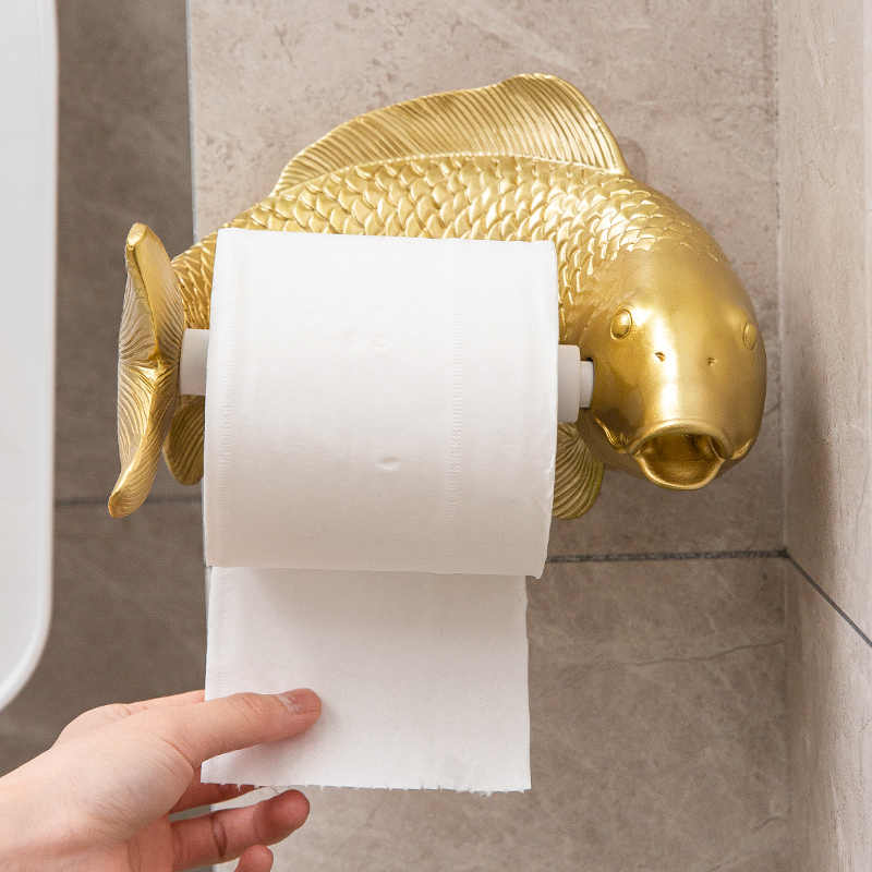 Golden Koi Fish Toilet Paper Holder, Feng Shui Bathroom Wall Mount with Detailed Scale Pattern, No-Drill Installation Creative Fish Design