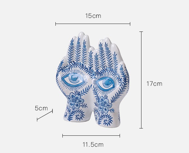 Blue and White Porcelain Hand Sculpture, Ceramic Eye Design Decorative Ornament, Traditional Asian Artistry Desk Accent with Gift Box