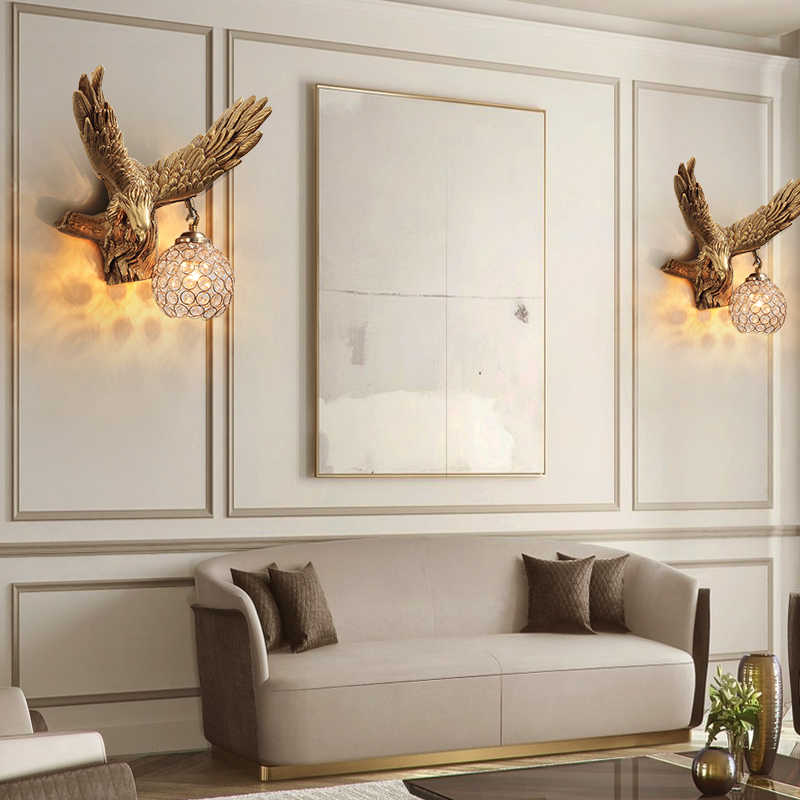 Flying Eagle Wall Sconce – Gold Animal Decorative Lamp with Crystal Globe Shade for Living Room, Office, Staircase, Bar, or Feature Wall