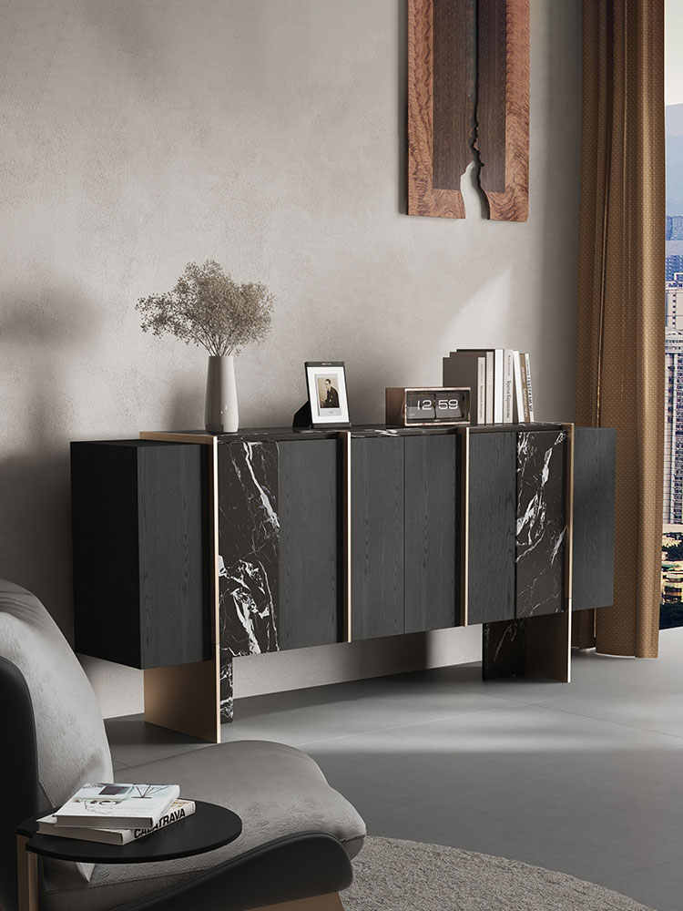 Modern Vintage Black Oak Sideboard Buffet – Luxury Black Marble Storage Cabinet for Living Room, Entryway, Villa
