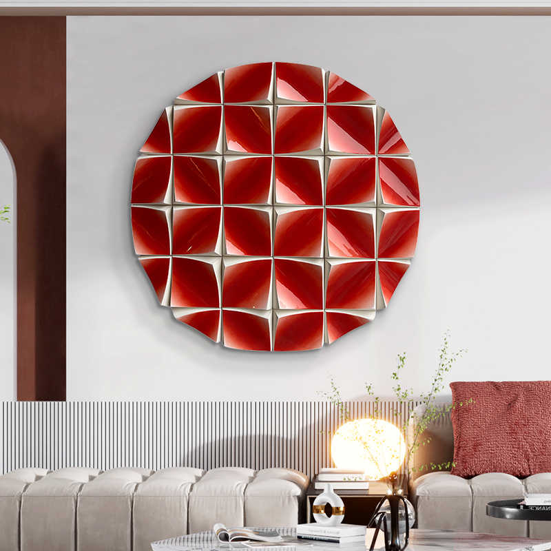 Modern 3D Red Geometric Relief Wall Art, Large Round Wood Sculpture, Abstract Panel Artwork for Living Room Bedroom, Textured Contemporary Home Decor