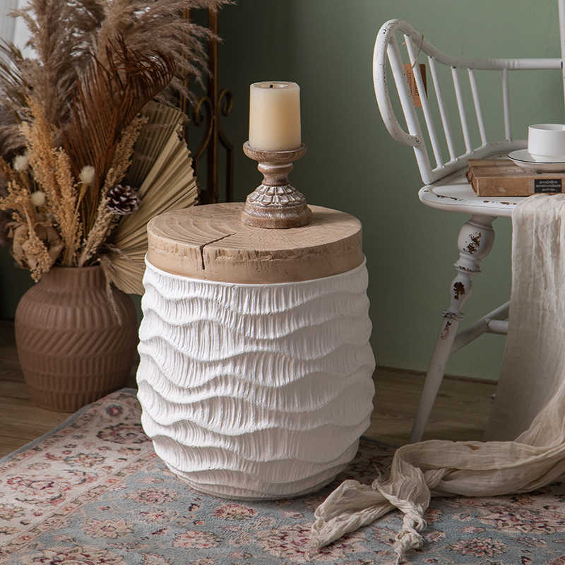 Handcrafted Rope-Textured Ceramic Side Table, Rustic Round Storage Stool with Natural Wood Top, Boho Living Room Accent Table,