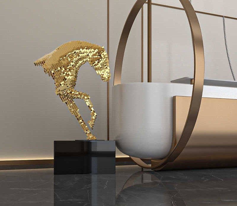 Modern Gold Pixel Horse Head Sculpture, Large Floor Standing Art Decor for Hotel Lobby, Villa & Showroom, Luxury Statement Piece