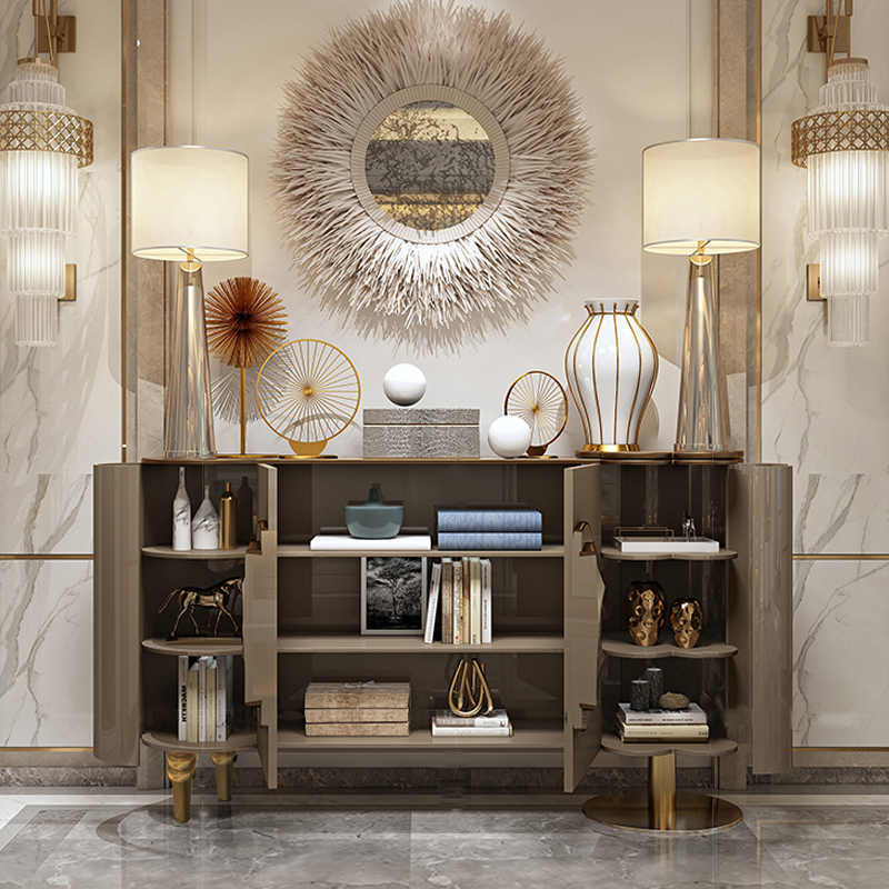 Modern Luxury Taupe Sideboard Cabinet, Artistic Solid Wood Entryway Console with Stainless Steel Accents