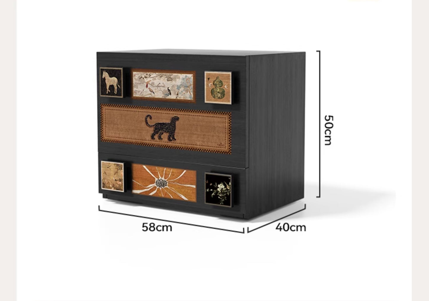 Vintage Solid Wood Nightstand with Artistic Animal Panels, Luxury Bedside Cabinet with Multiple Drawers, Mid-Century Style Carmen Collection Bedroom Furniture