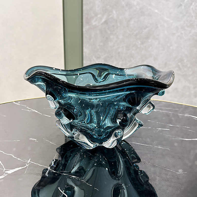 Luxury Modern Crystal Glass Oversized Fruit Bowl, Premium Teal Wave Design Serving Dish for Living Room Coffee Table, High-End Decorative Centerpiece