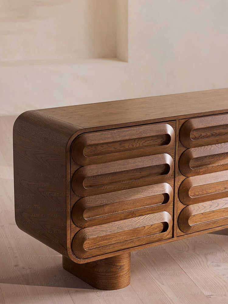 Wabi-Sabi Solid Wood Sideboard with Curved Design, Japanese Minimalist Storage Cabinet with Natural Oak Finish for Small Spaces