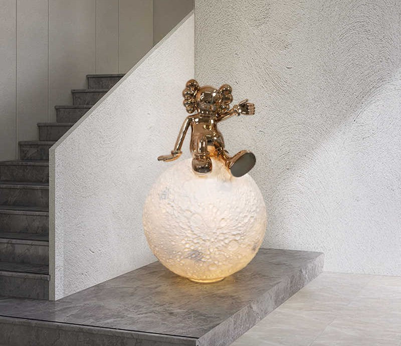 Modern Designer Bear Figurine Moon Lamp, Large Cartoon Sculpture for Living Room, Nursery & Staircase Decor, Luxury Creative LED Art