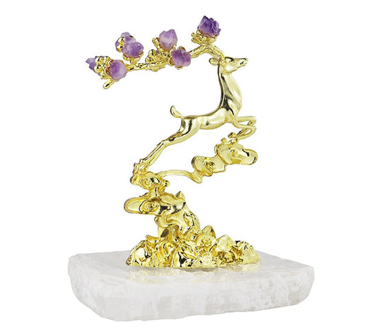 Luxury Crystal Agate Deer Figurine – Golden Antler Amethyst Floral Decor, Modern Living Room, Entryway, TV Cabinet Sculpture