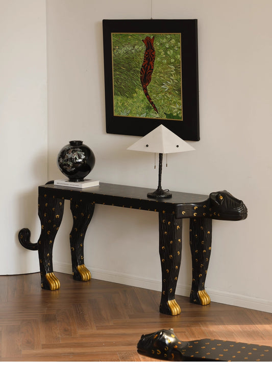 Jaguar Console Table – Black & Gold Sculptural Entryway Table with Jaguar Leg Design, Statement Art Furniture Piece