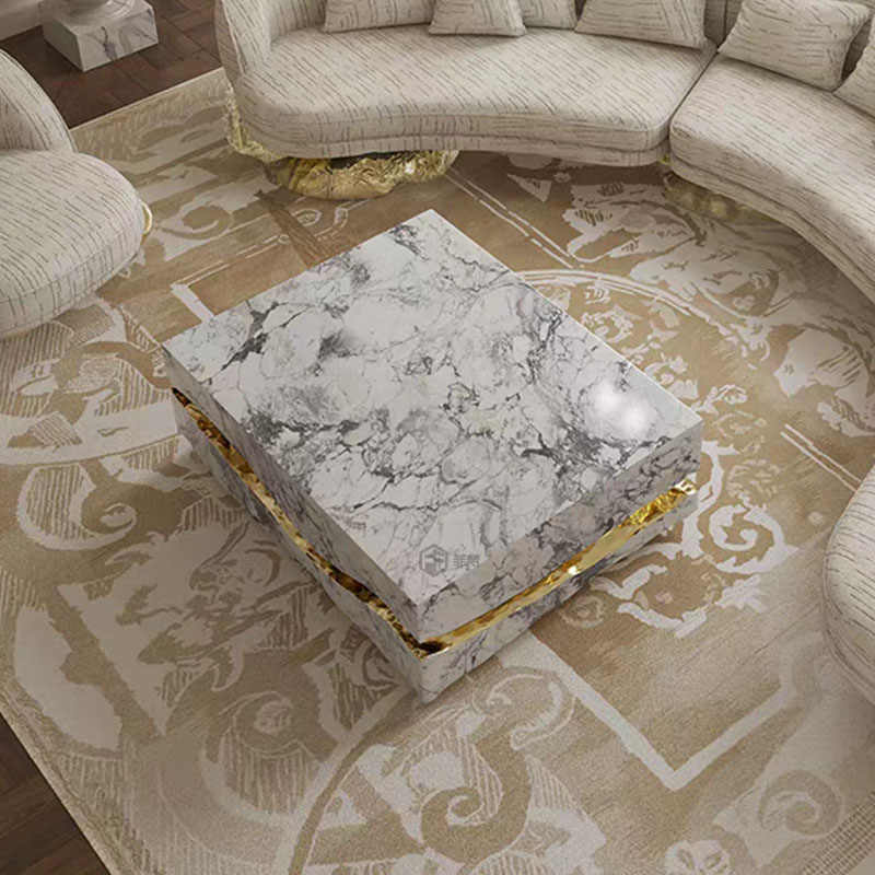 Modern Luxury Marble Coffee Table – Designer Villa Statement Center Table, Stainless Steel & Crystal Texture