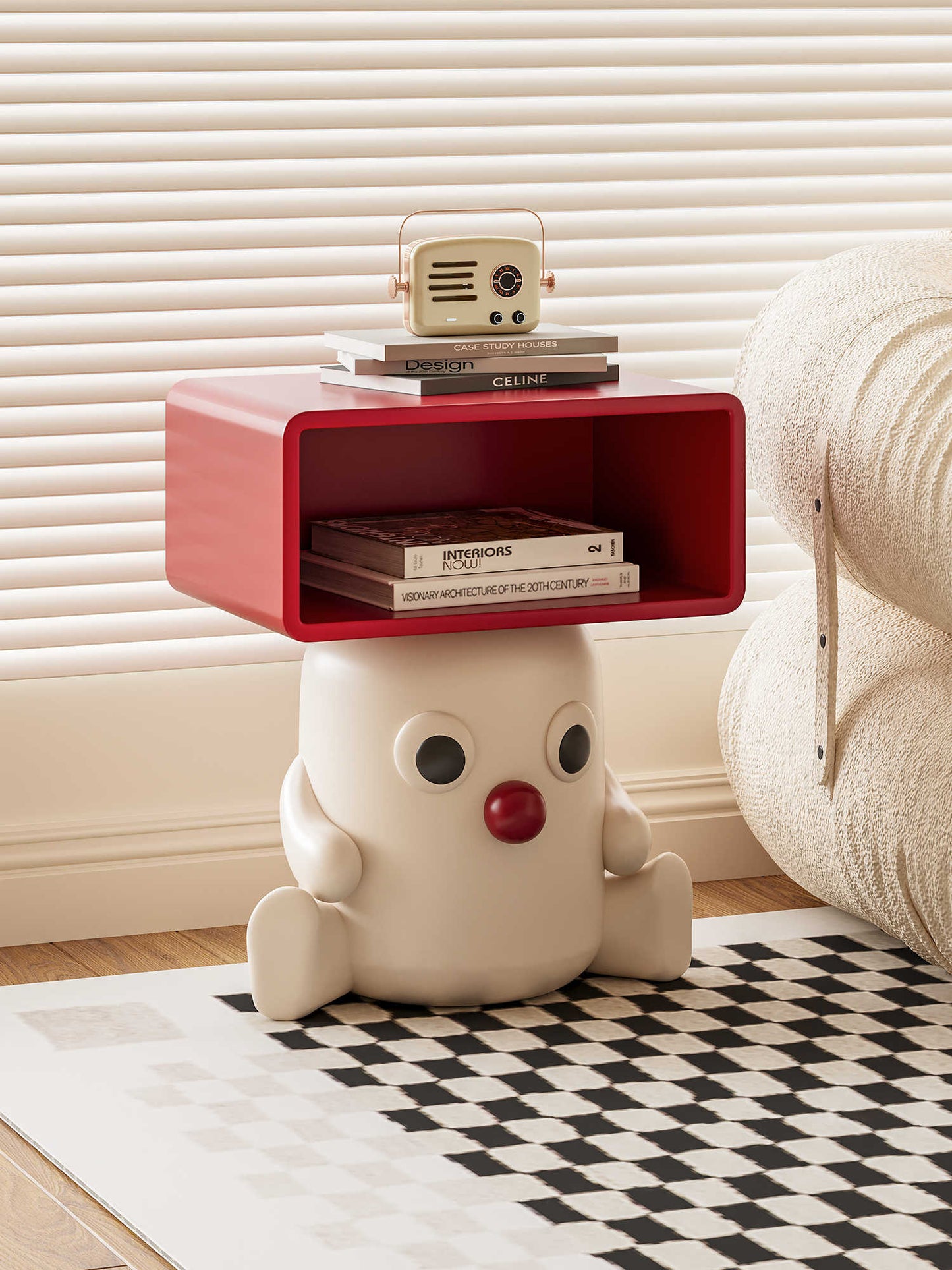 Adorable White Baby Character Side Table with Red Storage Cube – Cartoon End Table, Creative Nursery Bedside Cabinet for Kids Room and Living Room