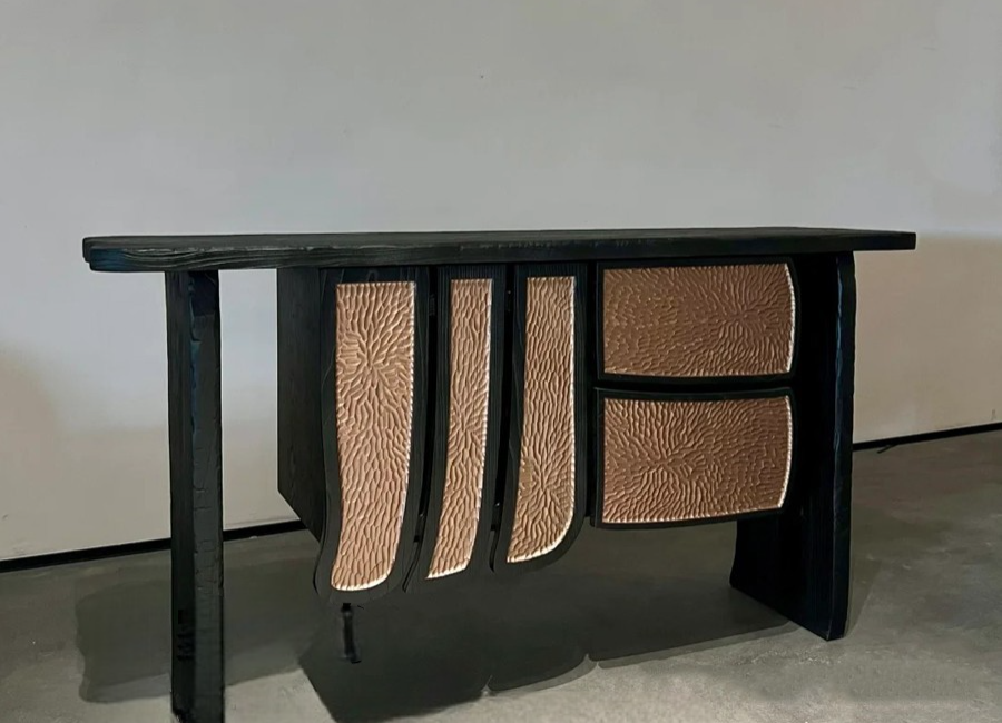 Designer Sculptural Carved Wood Console Table, Luxury Retro Entryway Foyer Cabinet with Art Drawers