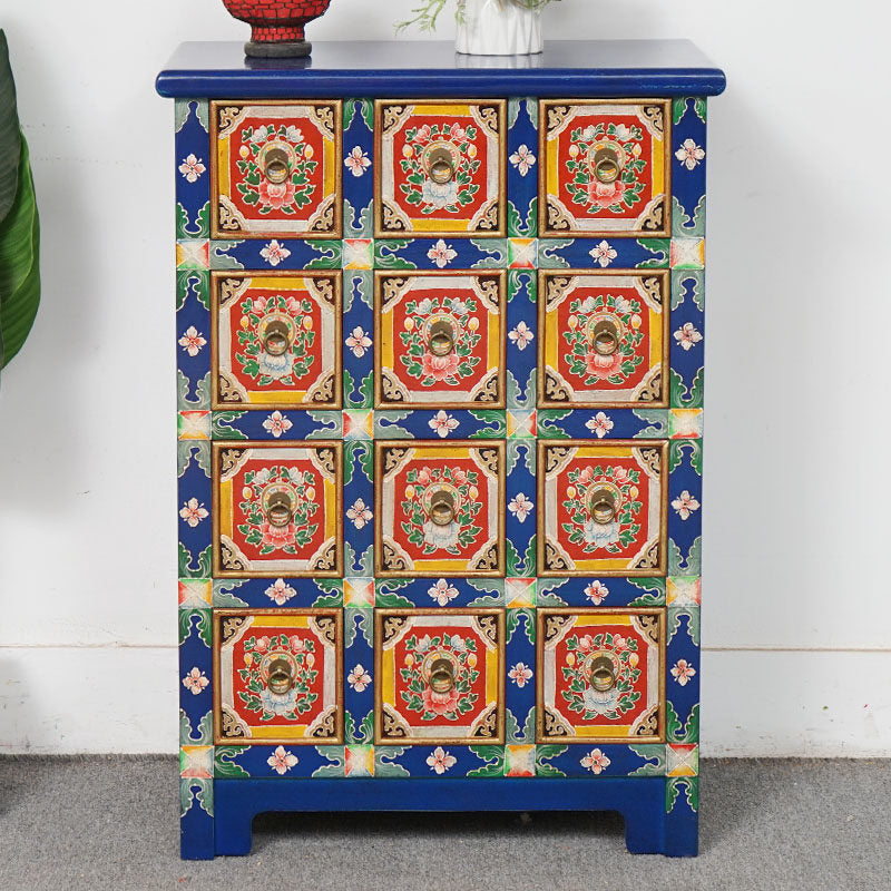 Blue Floral 12 Drawer Accent Cabinet, Rustic Farmhouse Apothecary Style Wood Storage Chest, Hand-Painted Look Organizer Cabinet for Bedroom, Entryway, Living Room, Hallway, and Office