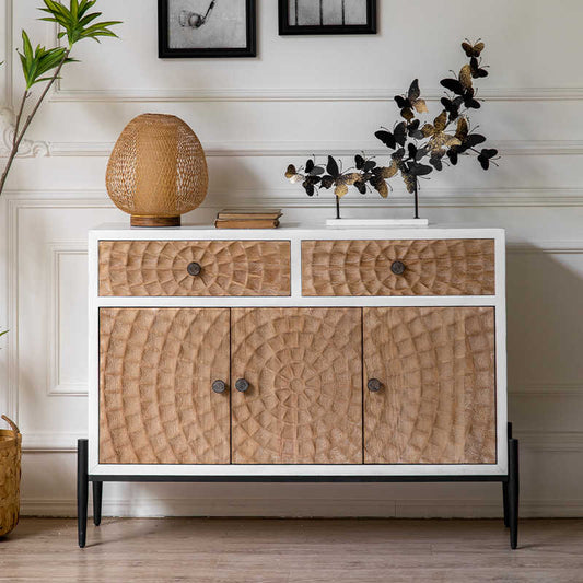 Wabi-Sabi Vintage Distressed Sideboard, Hand-Carved Geometric Wood Console Cabinet with Black Steel Legs, Boutique Hotel Bedroom Furniture