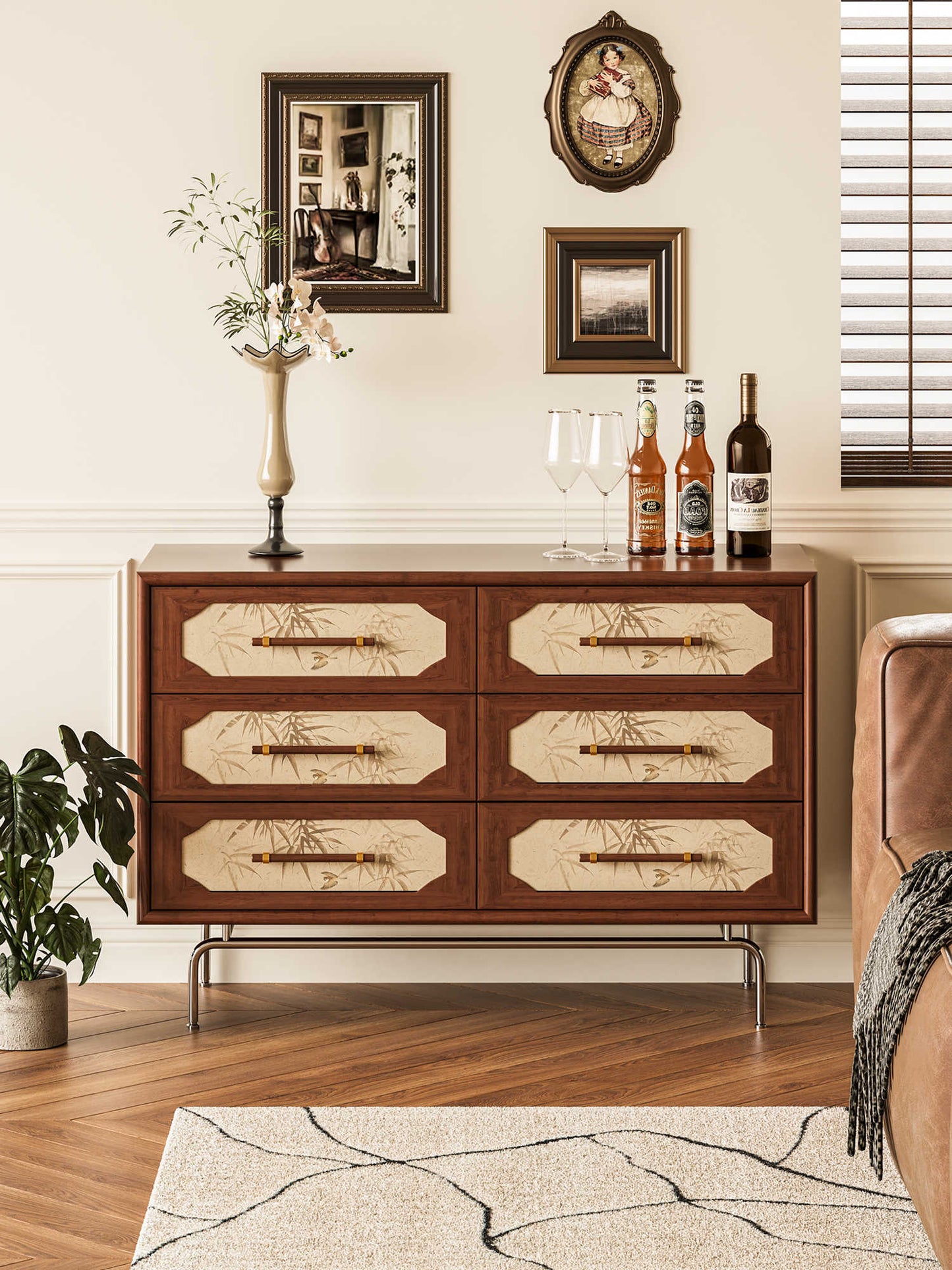 Mid-Century American Bamboo Leaf Pattern Solid Wood Dresser – 6-Drawer Storage Cabinet with Hairpin Legs, Artistic Botanical Design for Living Room and Bedroom