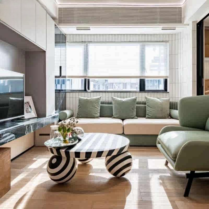 Modern Stripe Ball Coffee Table – Pattern Living Room Table, Playful Soft Decor Accent