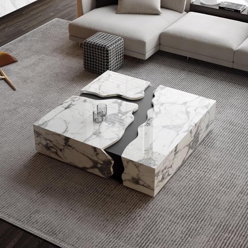 Designer Marble Puzzle Coffee Table – Sculptural Stone Blocks with Black Channels, Luxury 1.2M Square Architectural Art Table for Modern Living Rooms