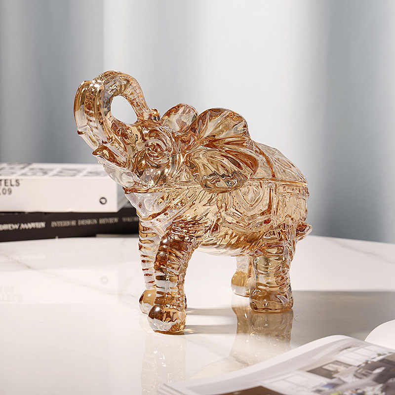Amber Crystal Glass Elephant Storage Jar, Decorative Candy Container with Removable Lid, TV Cabinet Desktop Ornament